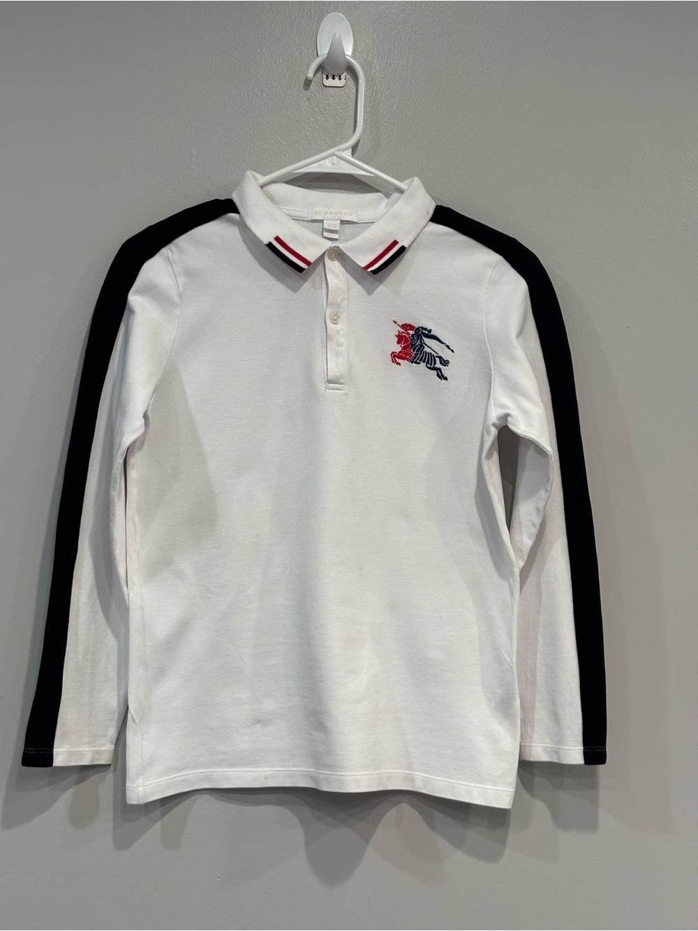 Burberry White Long-Sleeve Polo with Black Sleeve Stripes and Red Trim